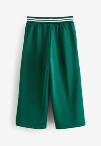 Shorts de sport verts en tissu lisse, dotés d'une large ceinture élastique avec des rayures blanches, et d'une coupe ample au design arrivant aux genoux.