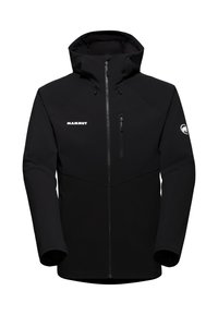 Czarna kurtka softshell z wysokim kołnierzem, z przodu na zamek oraz z kieszeniami na zamek błyskawiczny. Zawiera biały logo na klatce piersiowej i rękawie. Gładka faktura.