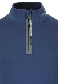 Maglione blu navy con colletto alto e zip frontale a metà. Presenta una zip grigia con il logo "Peak Mountain". Tessuto liscio e elasticizzato.