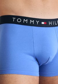 Blaue Baumwoll-Boxershorts mit einem schwarzen Bund, auf dem "TOMMY HILFIGER" in weißem Text und farbigen Logoakzenten steht. Glatte Textur, eng anliegendes Design.