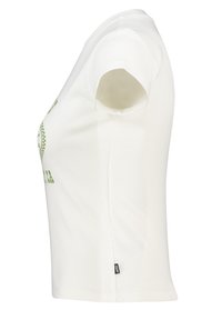 White short-sleeve t-shirt with a ribbed texture, featuring green printed lettering and a small black label at the bottom side seam.