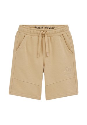 Béžové bavlnené šortky s elastickým pásom, sťahovacou šnúrkou, bočnými vreckami a nápisom "Blue Ridge Athletic" na pravom nohe.