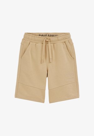 Bež pamučne kratke hlače s elastičnim pojasom, vezicama, bočnim džepovima i natpisom "Blue Ridge Athletic" na desnoj nozi.