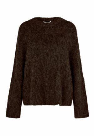Dunkelbrauner, flauschiger Pullover mit rundem Ausschnitt und langen Ärmeln. Weiche Textur, lockere Passform und minimale Nähte.