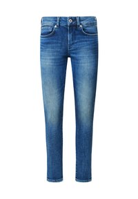 Jeans en denim bleu moyen avec une finition délavée, présentant un design classique à 5 poches et une fermeture éclair avec un bouton.