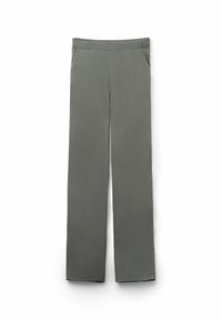 Pantaloni grigi, larghi e comodi, realizzati in tessuto liscio, con due tasche laterali e una cintura elastica per comfort e facilità d'uso.