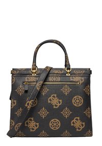 Borsa nera texture con hardware dorato e un motivo ripetuto di logo marrone. Comprende una maniglia superiore e una tracolla regolabile.