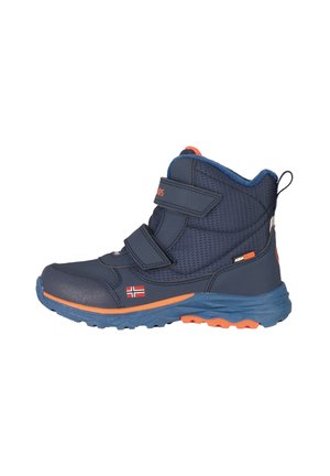 Navy blue ankle boots with velcro straps, mesh panels, and orange accents. Features a textured upper and a rugged rubber sole.