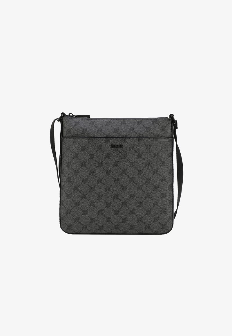 Sac messenger gris en matériau texturé, doté d'un motif géométrique, d'une bandoulière ajustable et d'une fermeture zippée en haut.