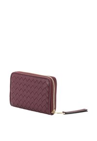 Burgundy leather wallet with a woven pattern, gold zipper, and a detachable wrist strap. Rectangular shape with smooth texture.