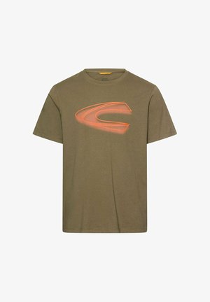 Olive green short-sleeve t-shirt with a large orange stylized "C" logo in the center front.