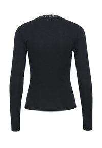 Černý dlouhý rukáv ribbed top s kulatým výstřihem a krajkovým detailem na zadní straně. Přiléhavý střih a hladká textura.