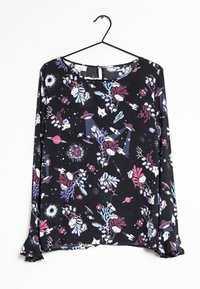 Blusa a maniche lunghe in tessuto nero con una stampa colorata a tema spaziale che presenta pianeti, razzi, fiori e personaggi fantasiosi.
