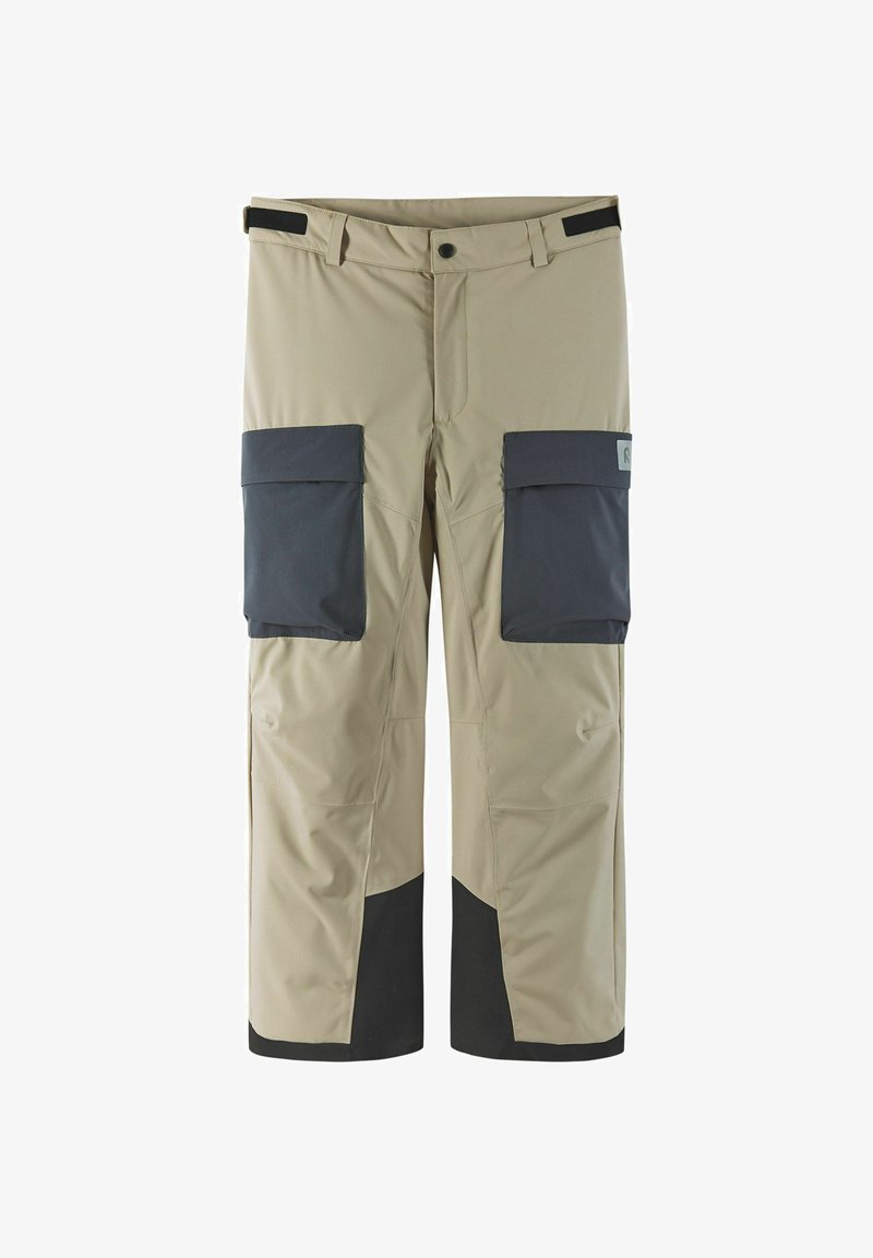 Beige outdoor pants with black accents, featuring two large patch pockets on thighs and reinforced lower legs. Made from durable, textured fabric.