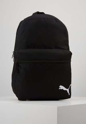 Black backpack made of textured fabric. Features a large main compartment and a front zip pocket. White Puma logo on the lower right side.