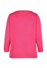 Vaaleanpunainen pitkähihainen villapaita, jossa on pehmeä rakenne, pyöreä kaula-auko ja rento istuvuus. Ei näkyviä lisäkuvioita tai kiinnikkeitä.