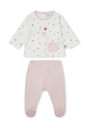 Camiseta blanca de manga larga para bebé con estampado rosa de fresas y bolsillo, combinada con pantalones con pies en rosa claro, conjunto de tela de algodón.