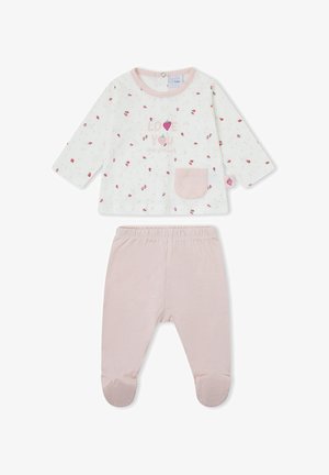 Camiseta blanca de manga larga para bebé con estampado rosa de fresas y bolsillo, combinada con pantalones con pies en rosa claro, conjunto de tela de algodón.