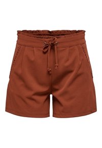 Pantaloni corti color ruggine realizzati in tessuto morbido, con vita elastica e cordino, tasche laterali e motivo plissettato sul davanti.