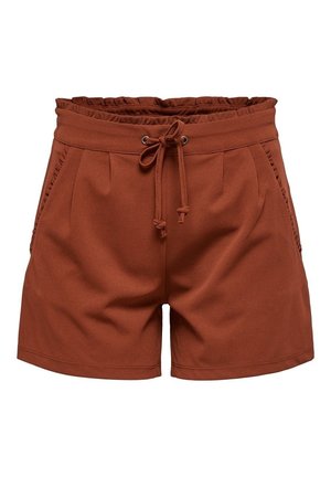 Rust-colored shorts made from soft fabric, featuring an elastic waistband with drawstring, side pockets, and pleated front design.