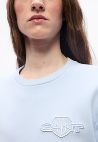 Κοντινό πλάνο ενός ατόμου που φοράει ανοιχτογάλανο φούτερ με κεντημένο στην περιοχή του στήθους ένα ανάγλυφο λογότυπο σε σχήμα ασπίδας.