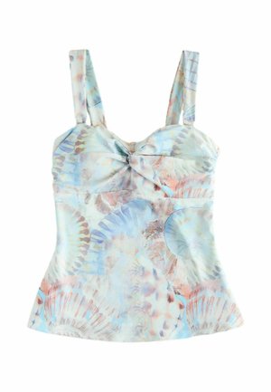Bez rękawów top w pastelowym niebieskim i różowym kolorze z nadrukiem muszli oraz węzłem z przodu, ułożony na płasko na białym tle.