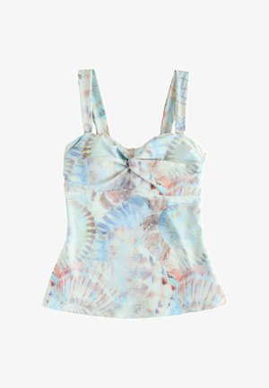 Maiou fără mâneci în nuanțe pastelate de albastru și roz, cu model cu scoici și detaliu cu nod în față, așezat plat pe un fundal alb.