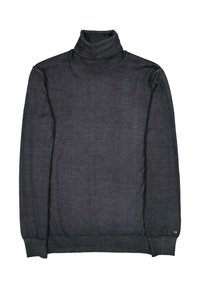 Dark gray turtleneck sweater made of soft fabric. Features long sleeves and ribbed cuffs, with a subtle brand tag on the hem.