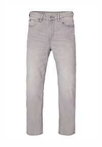 Vaqueros de denim gris claro con un diseño clásico de cinco bolsillos, corte recto y un leve desvanecimiento. Presentan un cierre con cremallera y botón de metal.