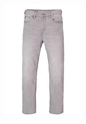 Lichtgrijze denim jeans met een klassiek vijf-pocket ontwerp, rechte pijpen en subtiele vervaging. Voorzien van een rits en metalen knoopsluiting.