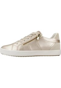 Sneakers metallici beige con tomaia in pelle liscia, chiusura con lacci, zip laterale e suola in gomma bianca con grip testurizzato.