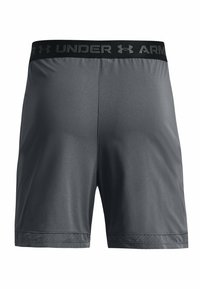 Shorts deportivos grises con una cintura elástica negra que presenta la marca "UNDER ARMOUR". Incluyen un dobladillo inferior texturizado con perforaciones.