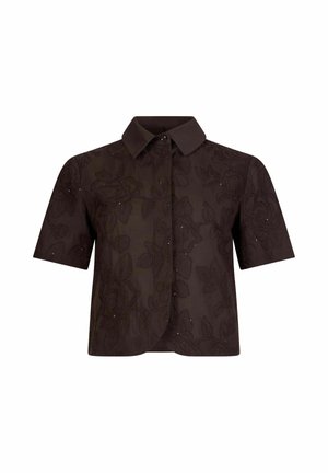 Blusa nera a maniche corte con ricamo floreale, colletto a punta e chiusura frontale con bottoni, impreziosita da sottili accenti lucenti.