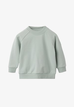 Sweatshirt vert clair en tissu doux, avec un col rond, des poignets et un ourlet côtelés, d'une coupe décontractée et des manches raglan.