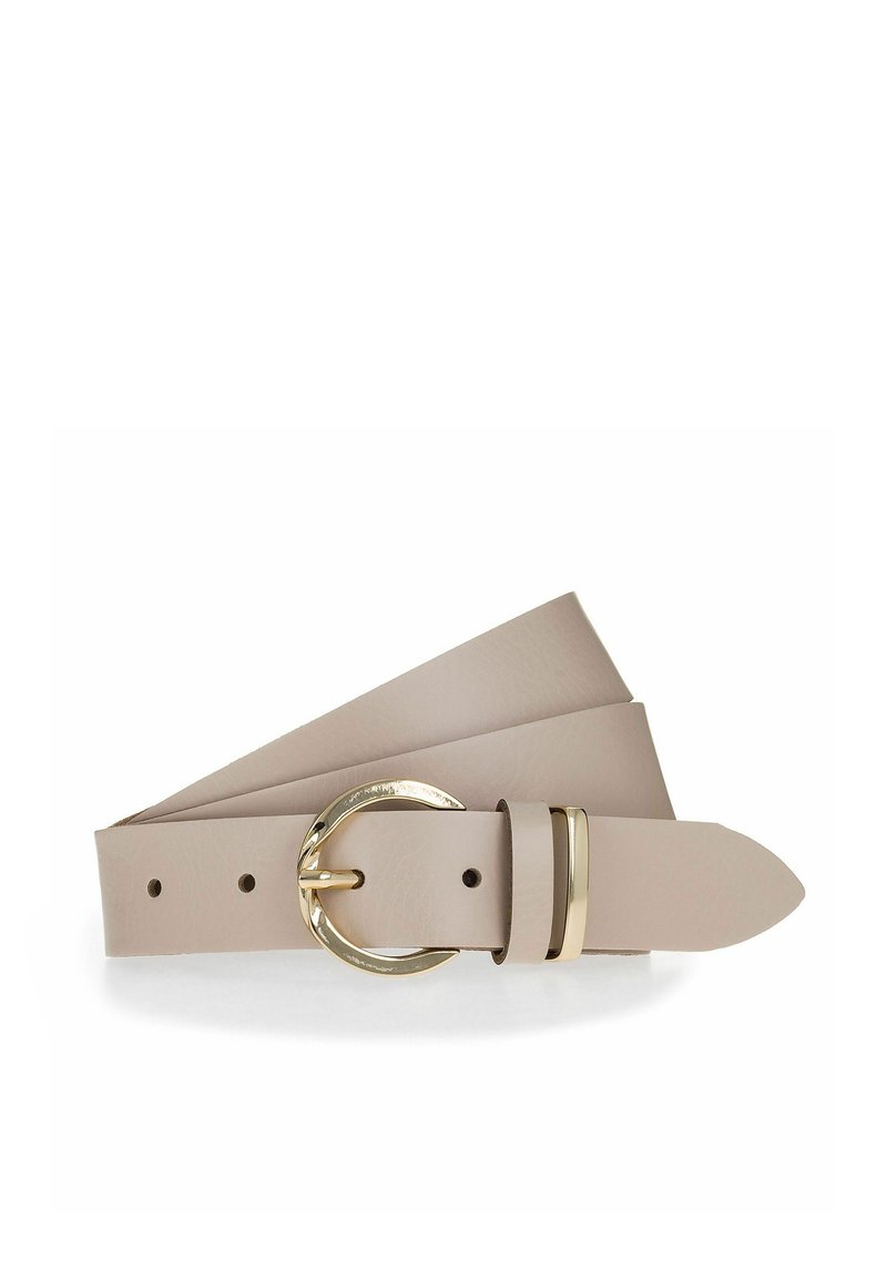 Cintura in pelle beige chiaro con fascia ampia, fibbia rotonda dorata e superficie liscia. Presenta fori di regolazione e una punta affusolata.
