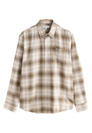 Rjava in bež karirasta srajca z dolgimi rokavi, spredaj na gumbke in z žepom na prsih. Iz mehke tkanine z teksturiranim vzorcem.
