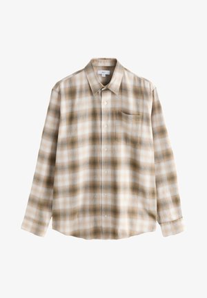 Brązowa i beżowa koszula w kratę z długimi rękawami, zapinana na guziki z kieszenią na piersi. Wykonana z miękkiego materiału o fakturowanym wzorze.
