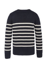 Pull en tricot bleu marine avec des rayures horizontales blanches, col rond, poignets et ourlet côtelés, arborant un logo sur la manche gauche.