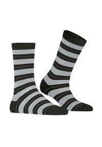 Black and gray striped socks with varying width stripes, featuring a smooth texture and ribbed cuffs at the top.
