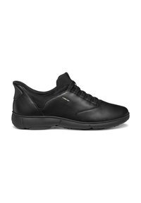 Baskets en cuir noir avec une tige en maille respirante, des lacets élastiques et un bout arrondi. Comprend une semelle rembourrée et un branding minimal.