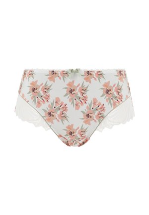 Culotte florale en tissu doux, avec une base blanche ornée de motifs floraux roses et verts, une bordure en dentelle et un petit nœud décoratif.