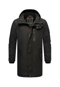 Svart isolerad parka med dragkedja, justerbar huva, flera fickor med dragkedja och ribbade ärmslut. Har ett mjukt innertyg.
