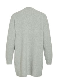 Světle šedý kardigan z žebrovaného úpletu s volným střihem, kulatým výstřihem a dlouhými rukávy, sahající do poloviny stehen.