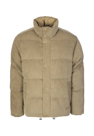 Beige ribfluwelen pufferjas met een hoge kraag, drukknopen en twee voorzakken. Getextureerde stof met een doorgestikt ontwerp.