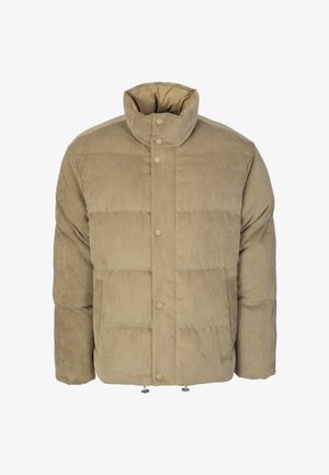 Chaqueta acolchada beige de pana con cuello alto, botones a presión y dos bolsillos delanteros. Tejido texturizado con diseño acolchado.