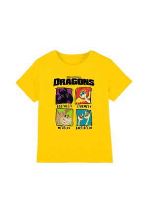Yellow T-shirt featuring four cartoon dragons from DreamWorks Dragons: Toothless, Stormfly, Meatlug, and Barf & Belch, with their names.