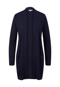 Cardigan lungo navy in morbido tessuto, con apertura frontale, maniche lunghe e due tasche anteriori. Tessuto liscio e vestibilità comoda.