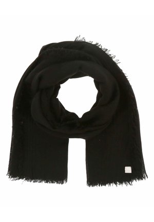 Schwarzer Schal aus weichem Material, mit fransigen Kanten und einem kleinen Logotag. Dickes, kuscheliges Design für Wärme und Komfort.
