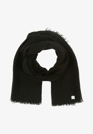 Black scarf made of soft material, featuring fringed edges and a small logo tag. Thick, cozy design for warmth and comfort.