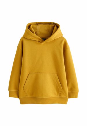 Gelbes Kapuzensweatshirt aus weichem Baumwollmaterial. Verfügt über eine frontale Kängurutasche und gerippte Bündchen, mit einem gemütlichen, oversized Schnitt.